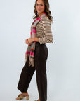 Medium stretch chocolate brown wide-leg fall jeans, coated brown pants for fall, brown jeans with coated texture