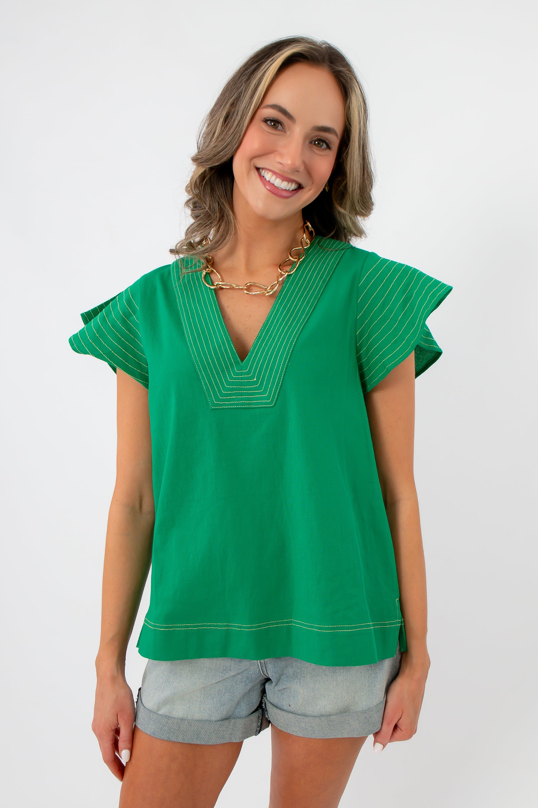 THML emerald green linen stitch short sleeve top front view, perfect for the Master's or St. Patty's Day 
