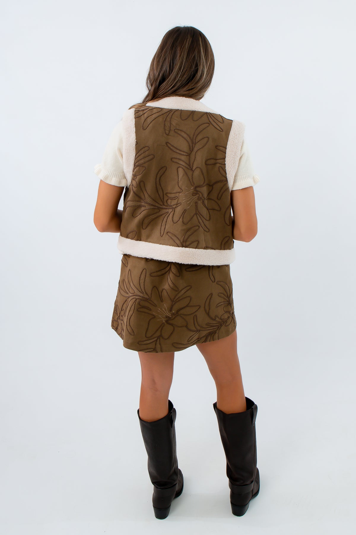 Sherpa trim vest with side pockets for fall layering, suede vest with floral embroidery, fall vests, Matching skirt and vest fall outfit