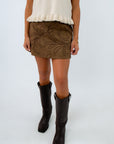 Floral embroidered faux suede mini skirt, brown mini skirt for fall, fall mini skirt, brown suede mini skirt