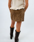 Khaki brown fall mini skirt with matching vest, mini skirt with floral embroidery, fall mini skirt, brown suede skirt