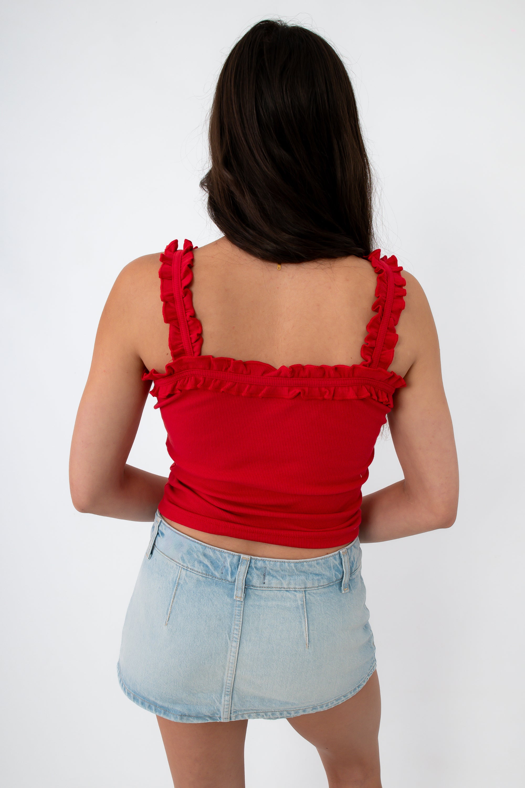Red ruffle strap tank top with ruffle details