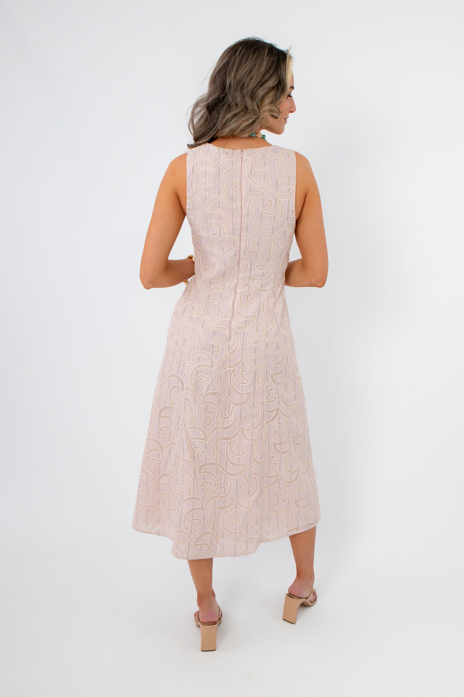 Fleur Lilac Embroidered Midi Dress back view, bridal shower dress outfit inspo