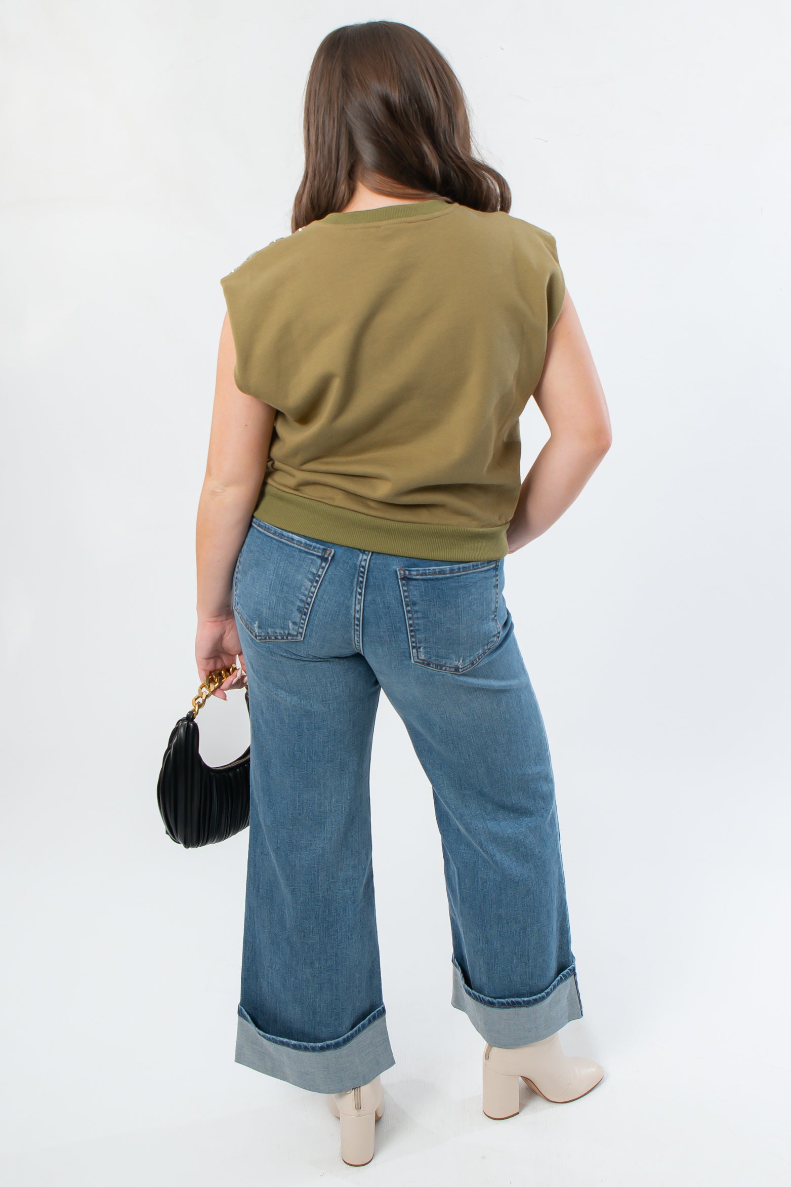 THML Olive Green Studded Sleeveless Top