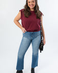 THML Burgundy Studded Sleeveless Top styled with jeans and boots, perfect for fall or USC game day looks.