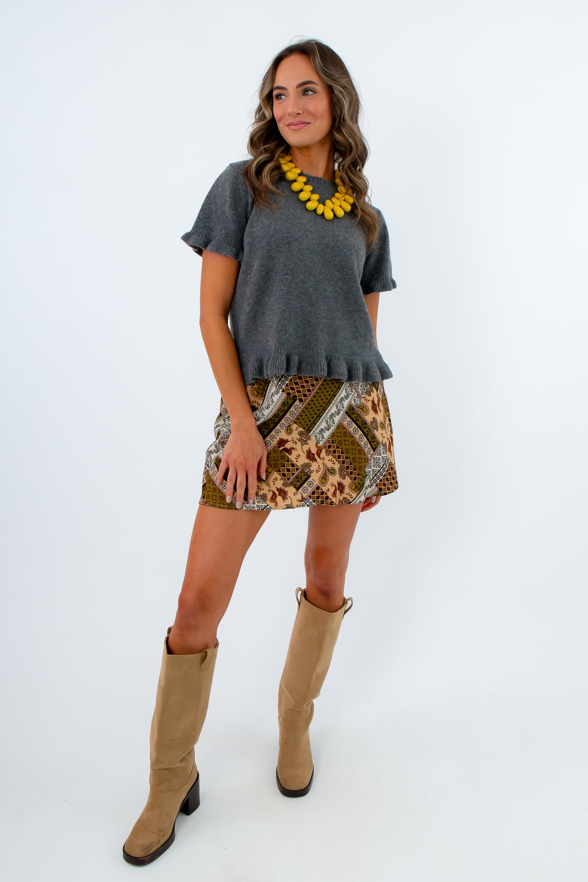 Magnolia Belle Charcoal Ruffle Short Sleeve Sweater