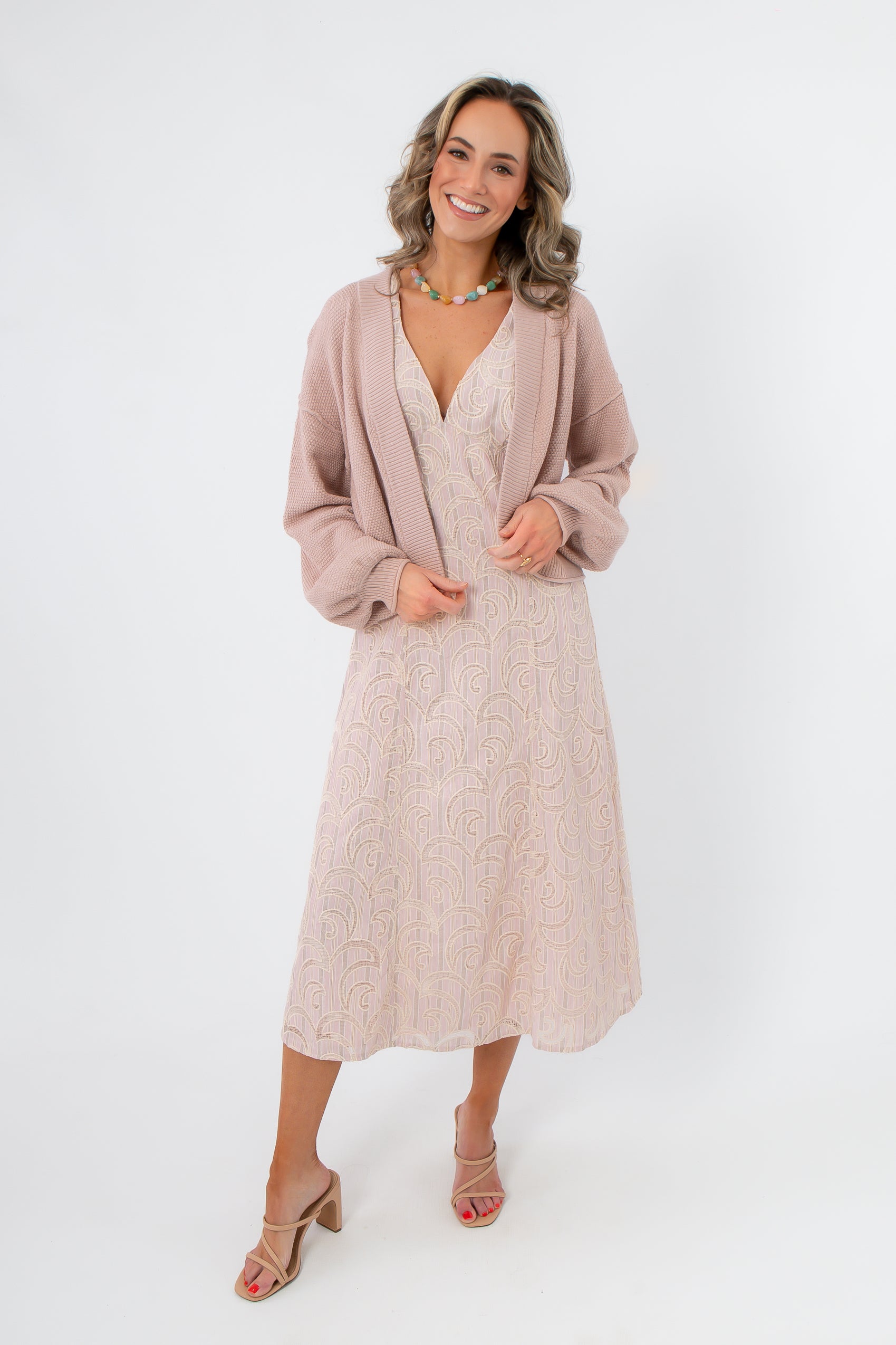 Fleur Lilac Embroidered Midi Dress with cardigan