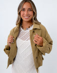 Cropped olive jacket with drawstring cinch for fall layering pieces