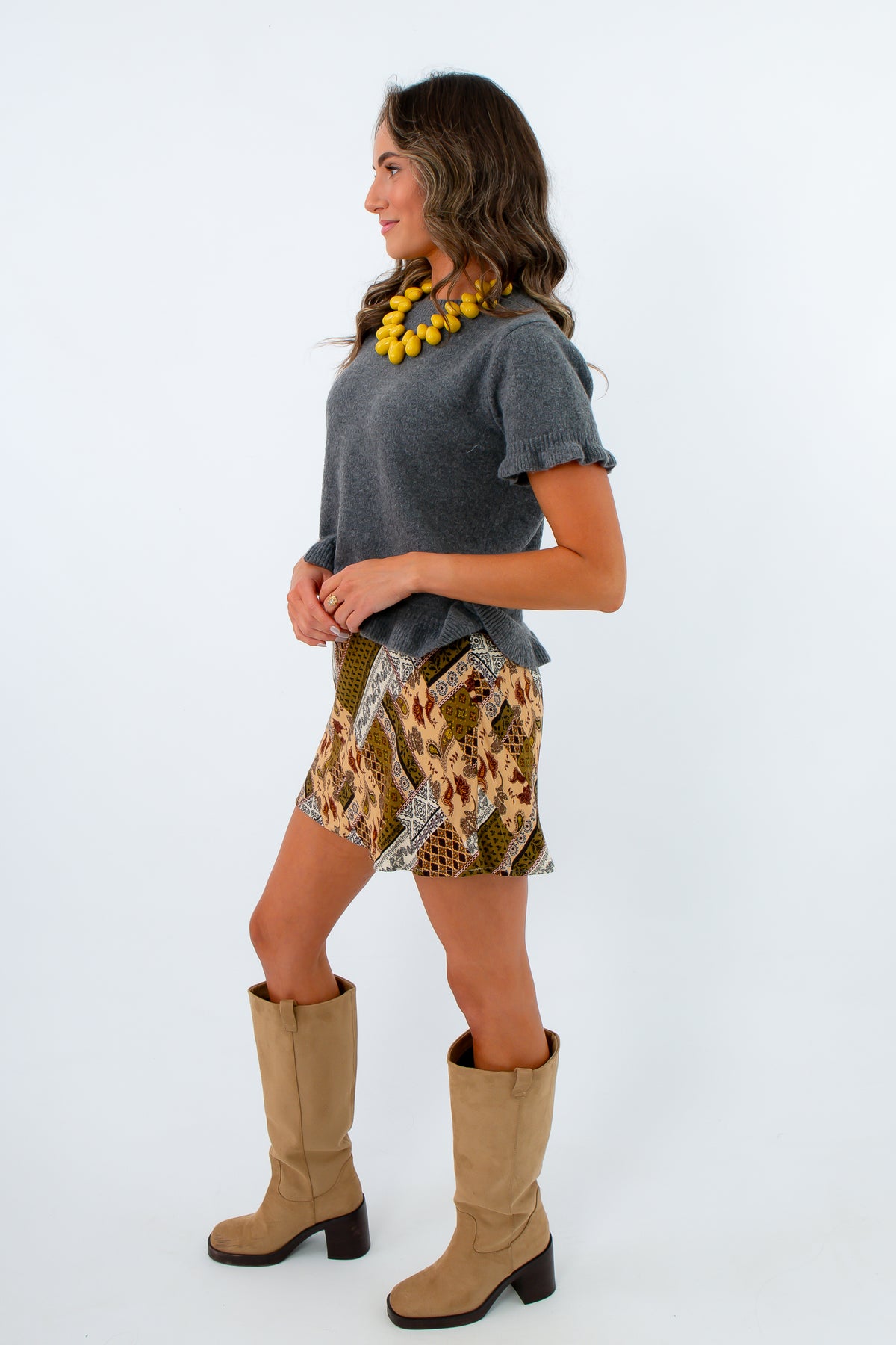 Elevated basic charcoal and cream sweaters with ruffle detail, grey short sleeve sweater, fall short sleeve sweater
