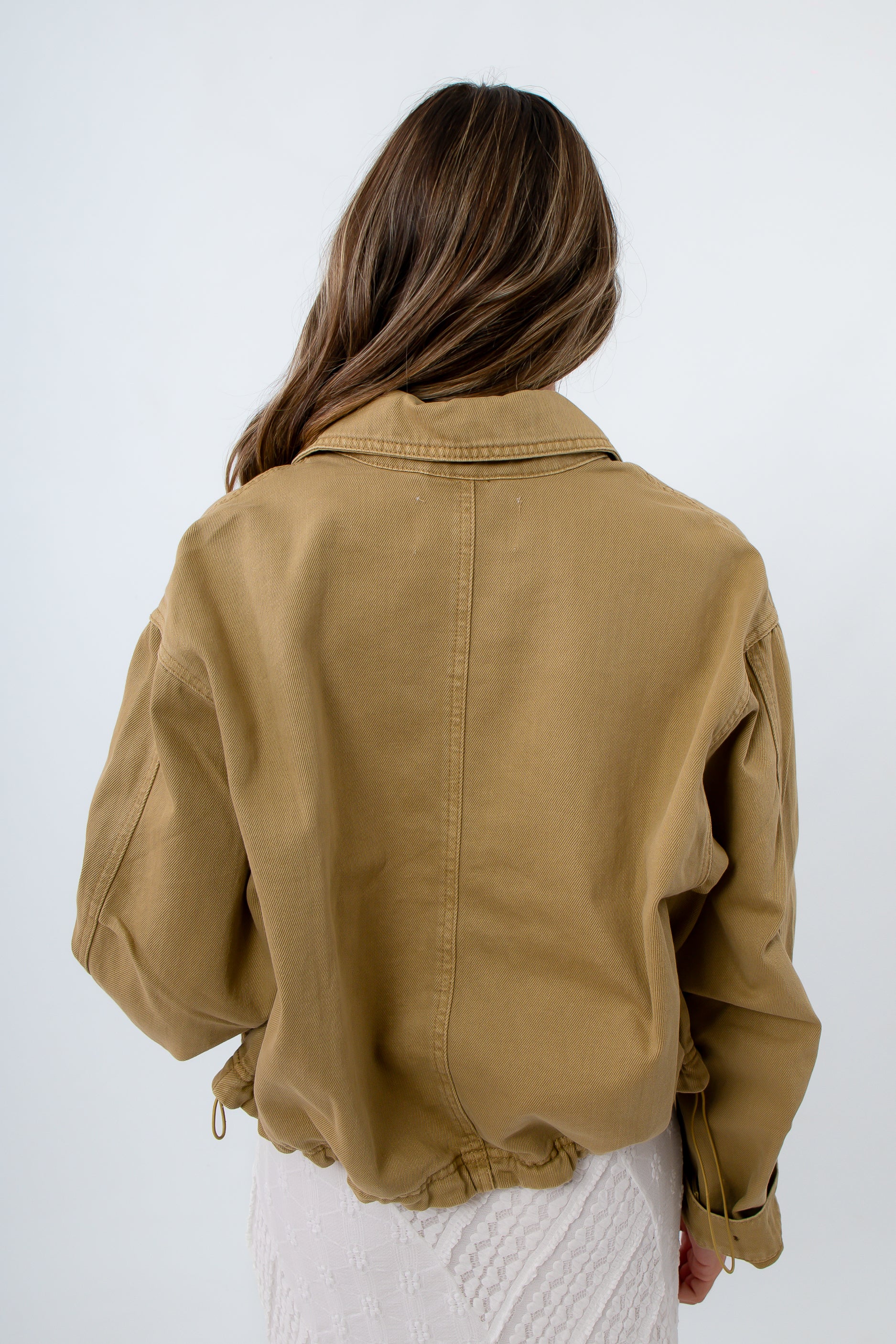 Khaki olive collared utility jacket with adjustable cinched waist, khaki jacket