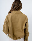 Khaki olive collared utility jacket with adjustable cinched waist, khaki jacket