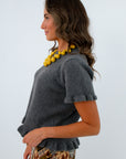 Fall short sleeve sweater for Thanksgiving outfit inspo, gray short sleeve sweater