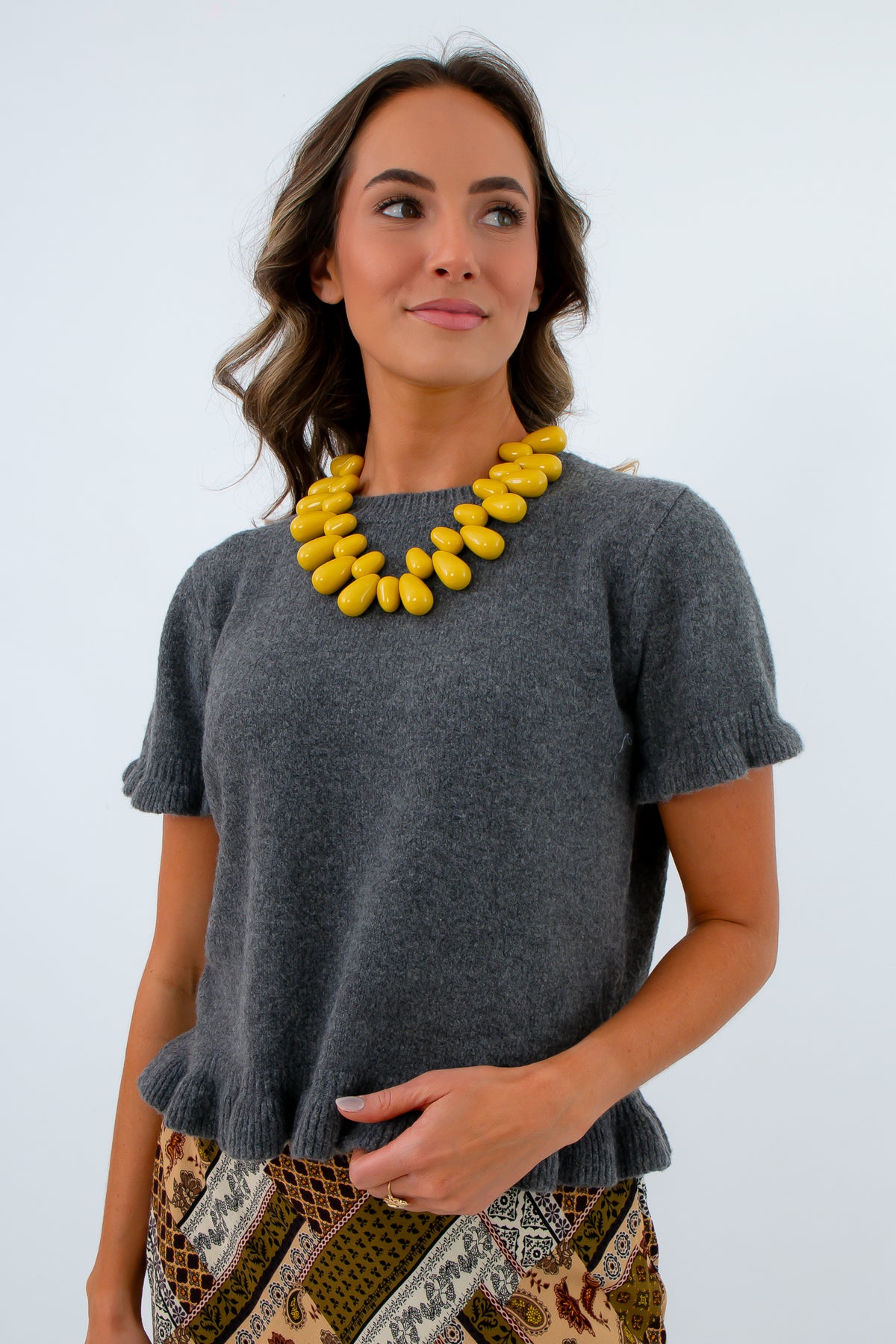 Lightweight soft knit sweater with ruffle sleeves, grey short sleeve sweater