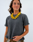 Lightweight soft knit sweater with ruffle sleeves, grey short sleeve sweater