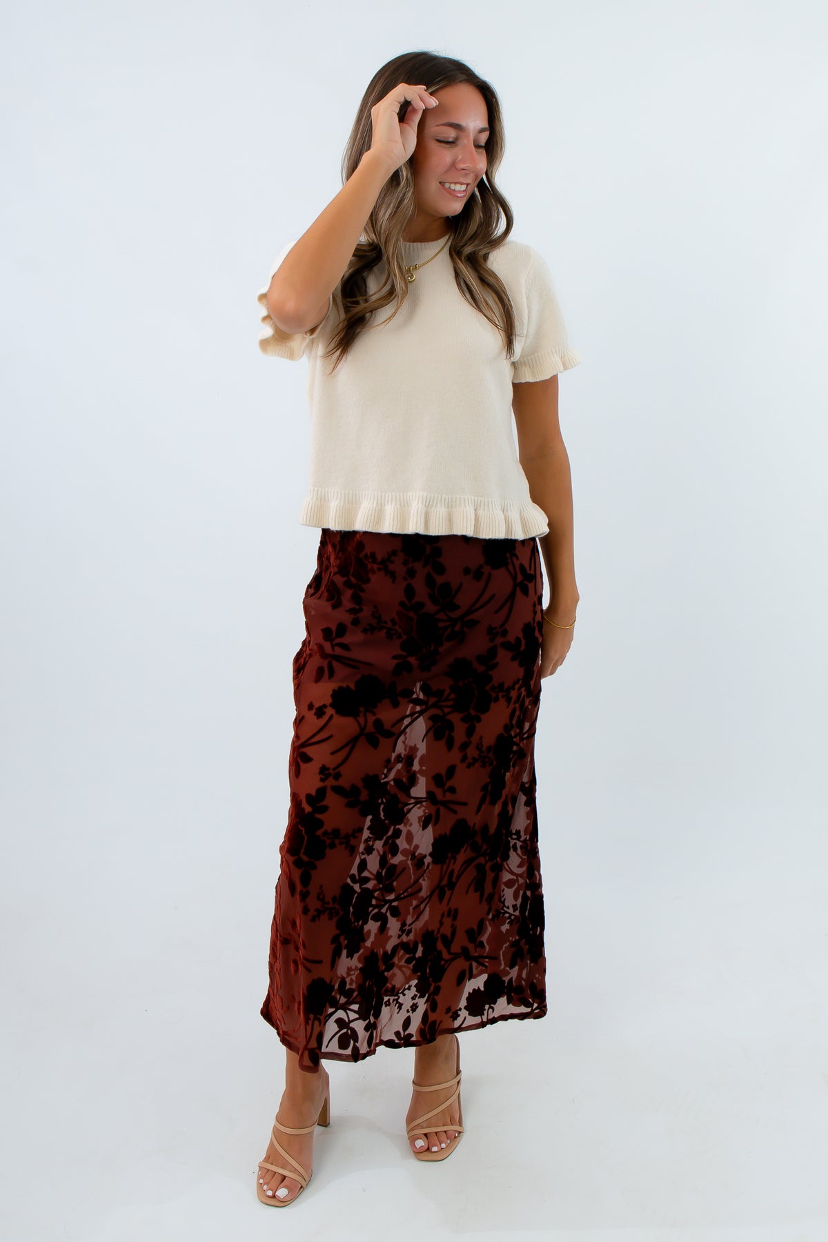 Burgundy floral design fall midi skirt partially lined, burgundy floral midi skirt, long sheer skirt, mesh midi skirt
