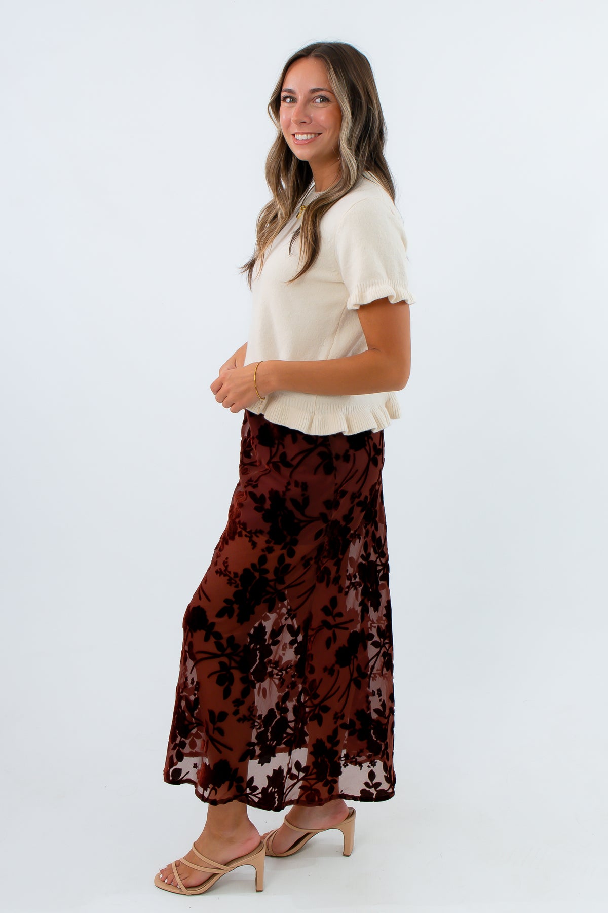 MinkPink Chocolate Burnout Velvet Anouk Midi Skirt