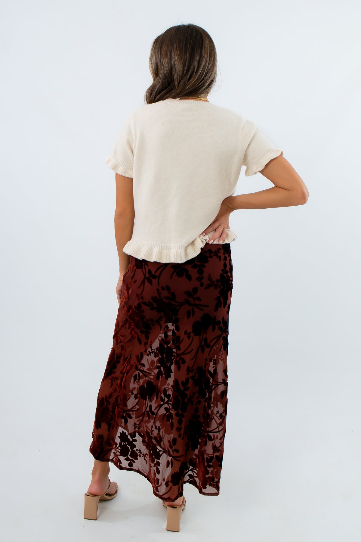 MinkPink Chocolate Burnout Velvet Anouk Midi Skirt with elastic waistband, MinkPink burgundy midi skirt with floral pattern , MinkPink mesh midi skirt