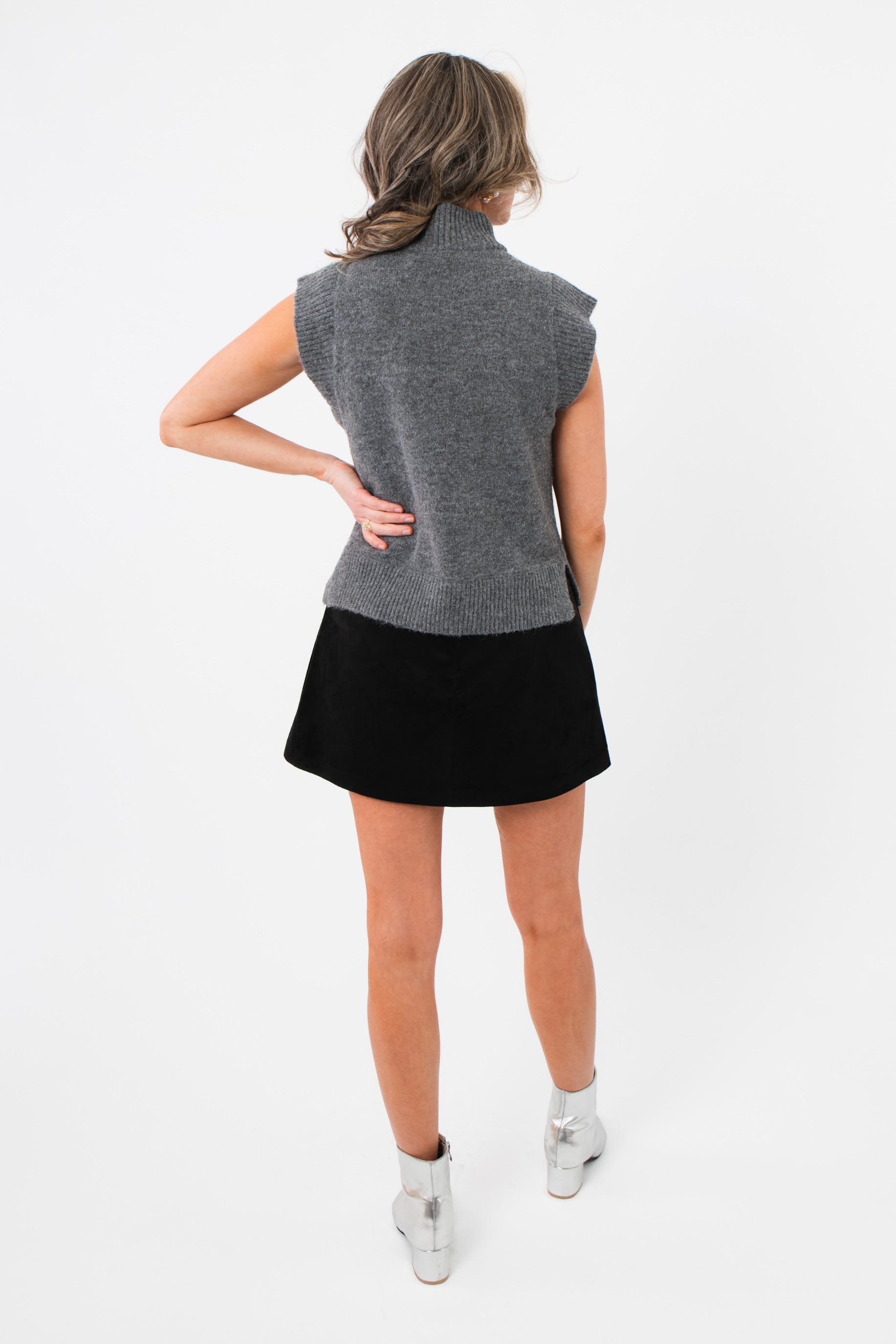 Back view of Rowan Grey Mockneck Sweater Tank displaying ribbed knit finish and sleeveless cut for versatile layering.
