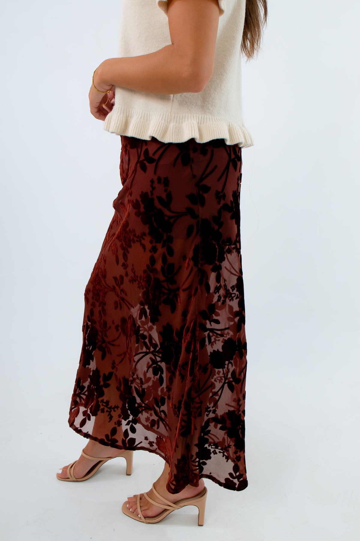 Streamlined silhouette floral velvet skirt for fall, burgundy velvet skirt, burgundy mesh skirt, long velvet skirt for fall