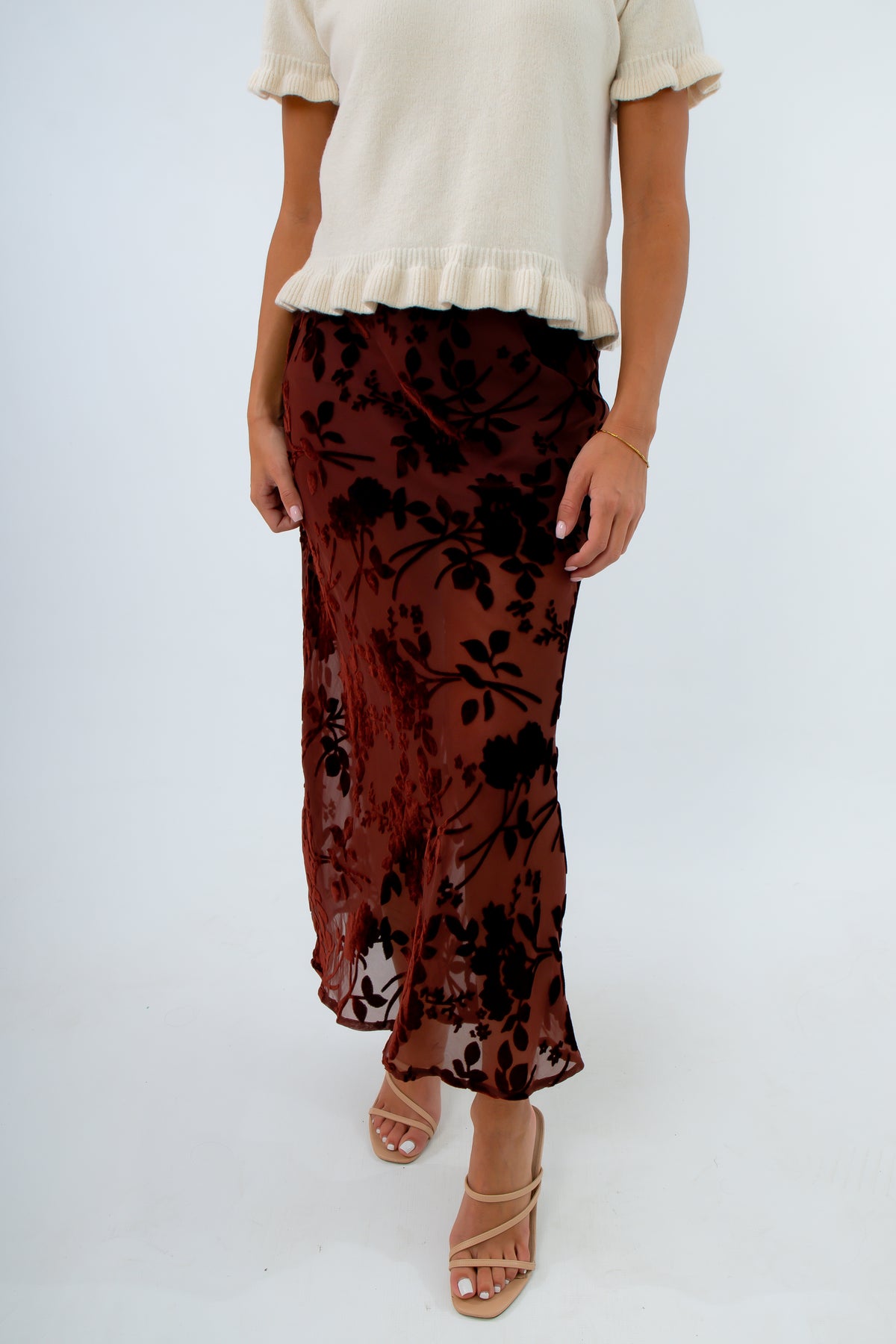 Sheer mesh midi skirt with floral velvet detailing, burgundy midi skirt, fall midi skirts, long skirt for fall