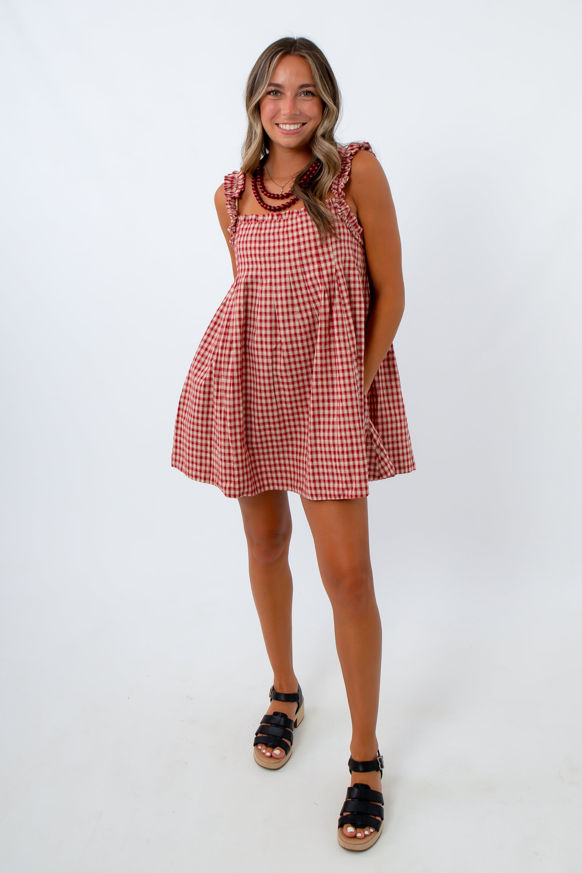 Red and beige gingham mini dress for game day, labor day, summer dress