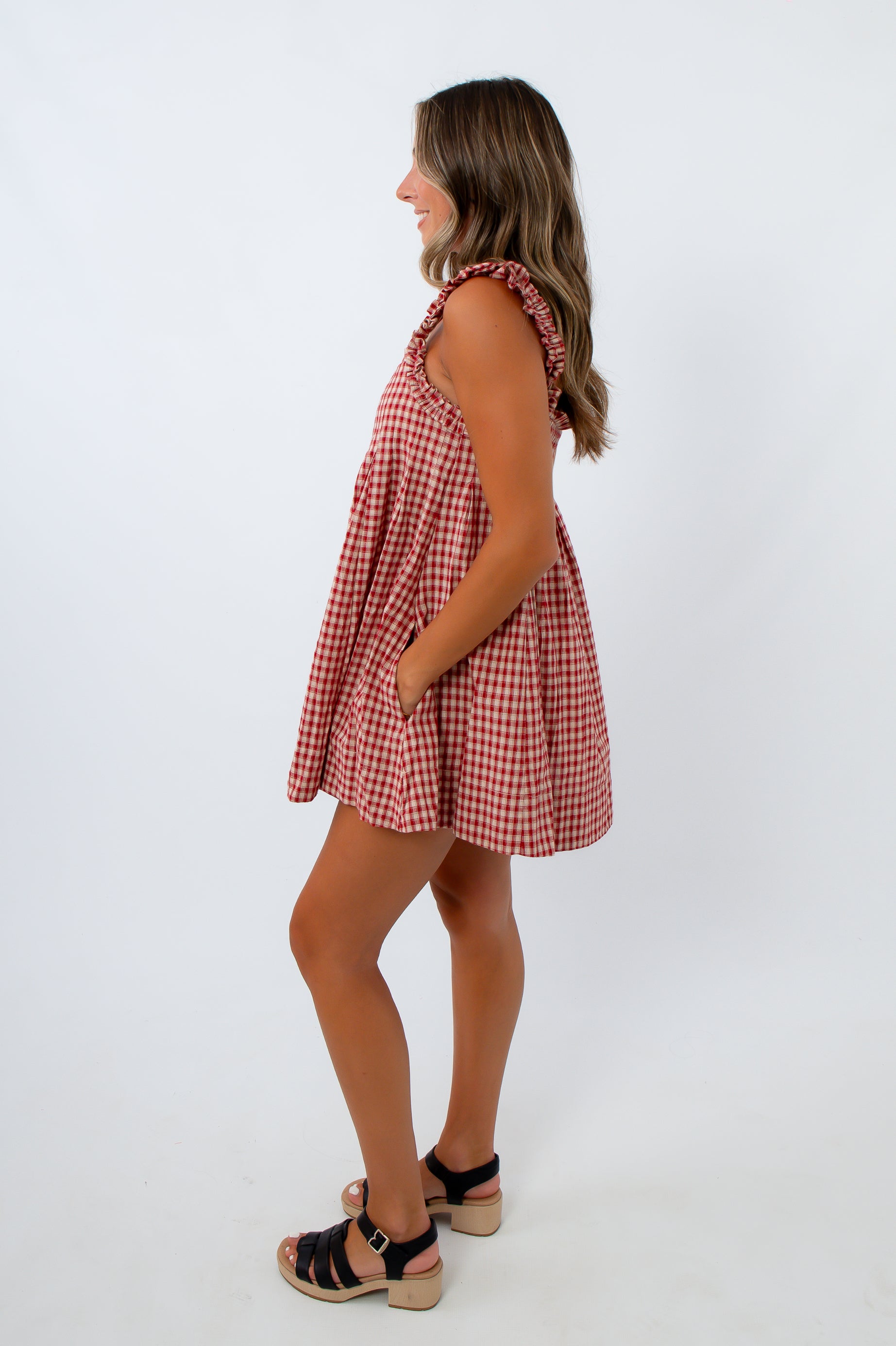Red gingham babydoll mini dress with pockets and ruffle straps for 4th of july, labor day, game day