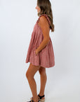 Red gingham babydoll mini dress with pockets and ruffle straps for 4th of july, labor day, game day