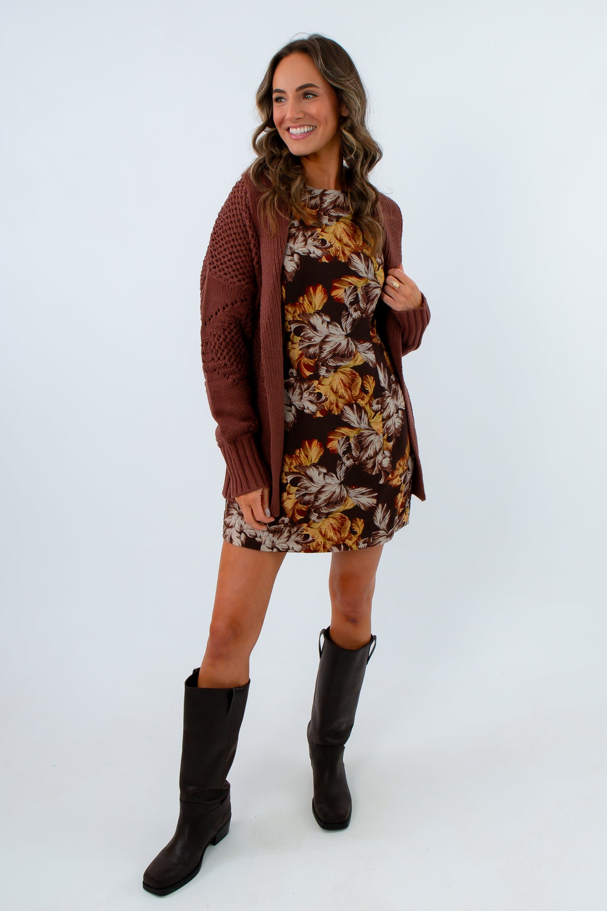 Fall mini dress with warm earthy tones and invisible back zip, brown floral mini dress, fall mini dress, fall floral mini dress