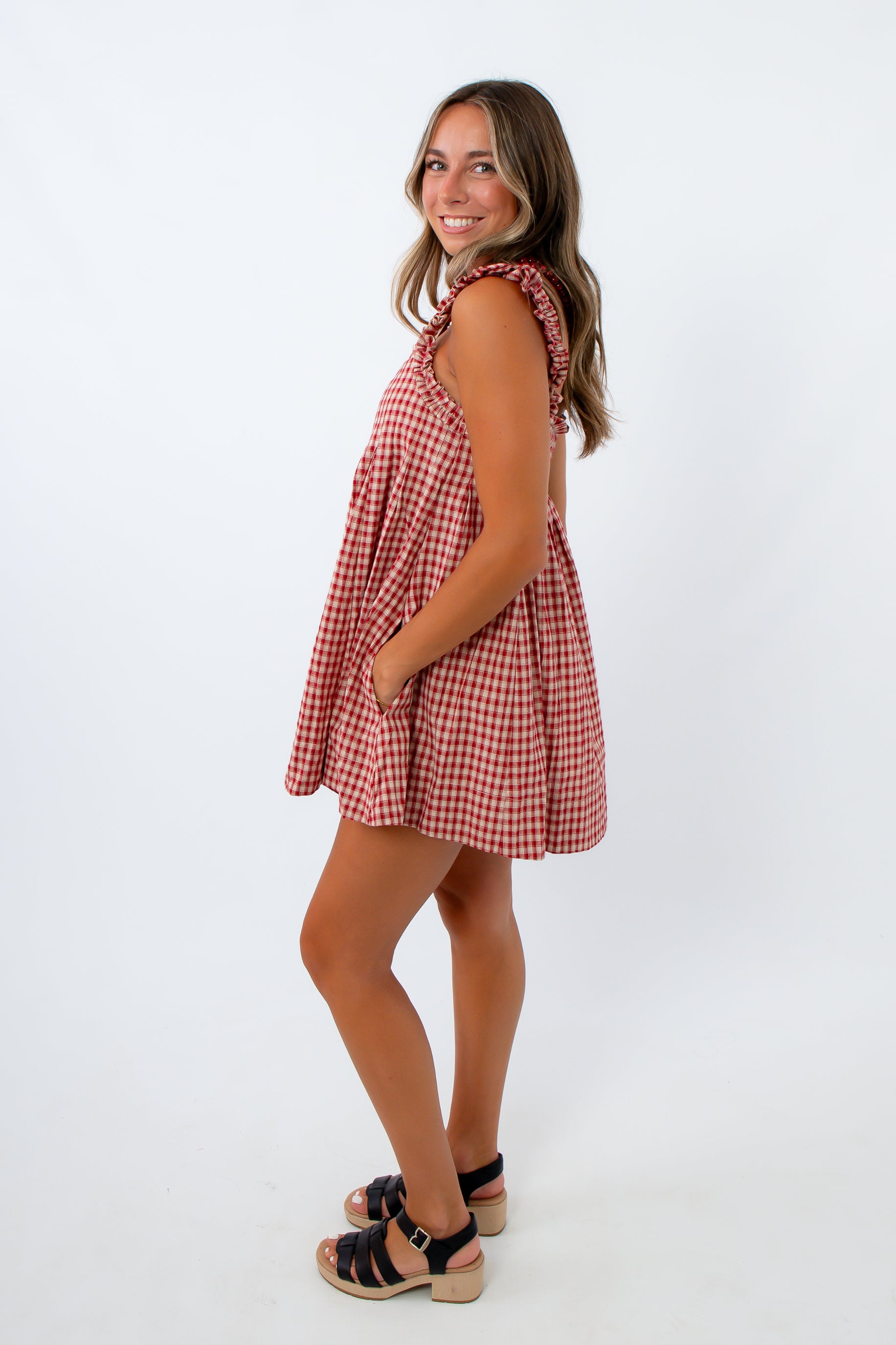 Square neck ruffled shoulder strap dress with red gingham pattern for summer
