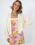 Clare Cream Waffle Knit Cardigan styled with floral dress, the perfect spring cardigan for dresses