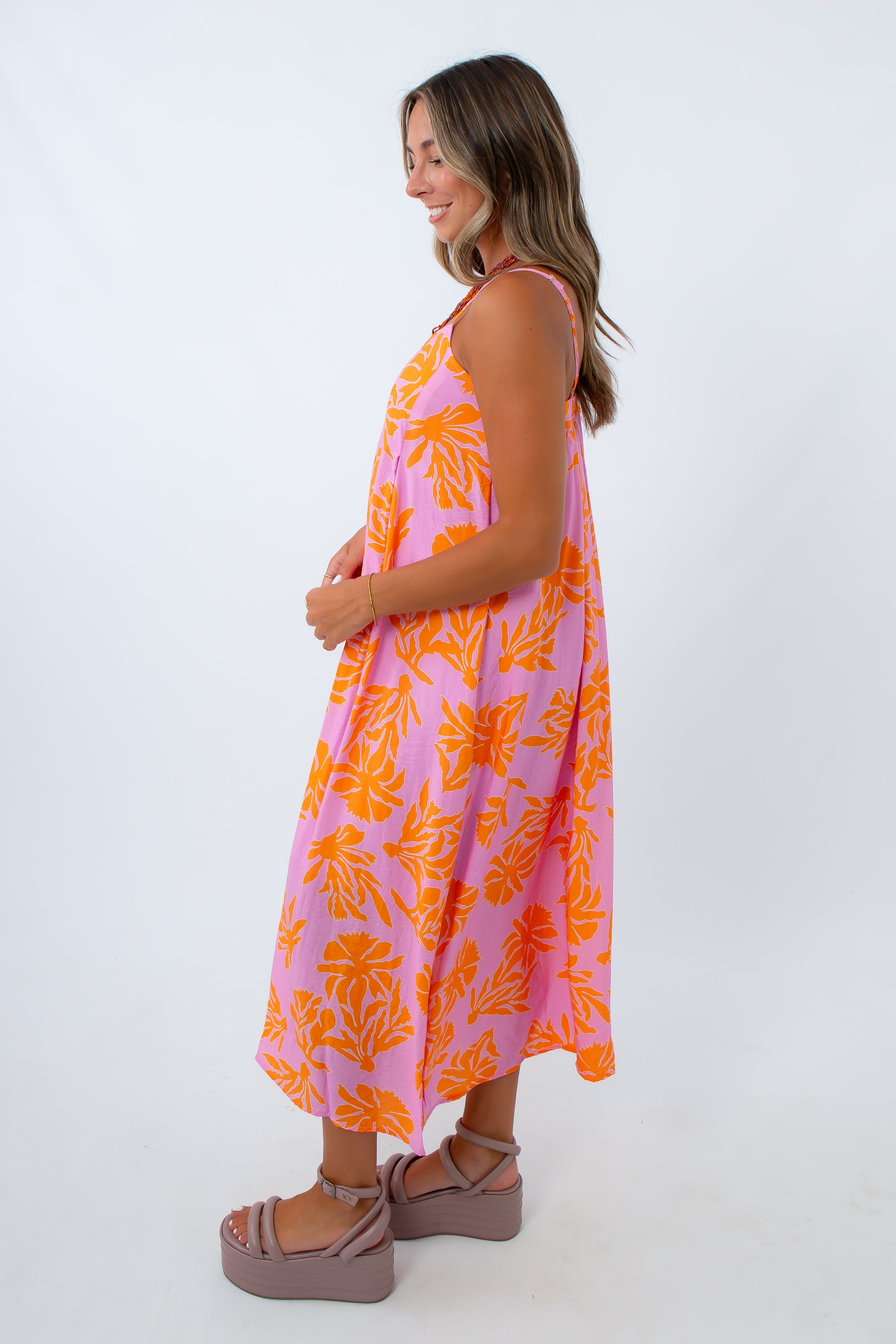 Purple floral midi dress with adjustable straps, Clemson game day dress