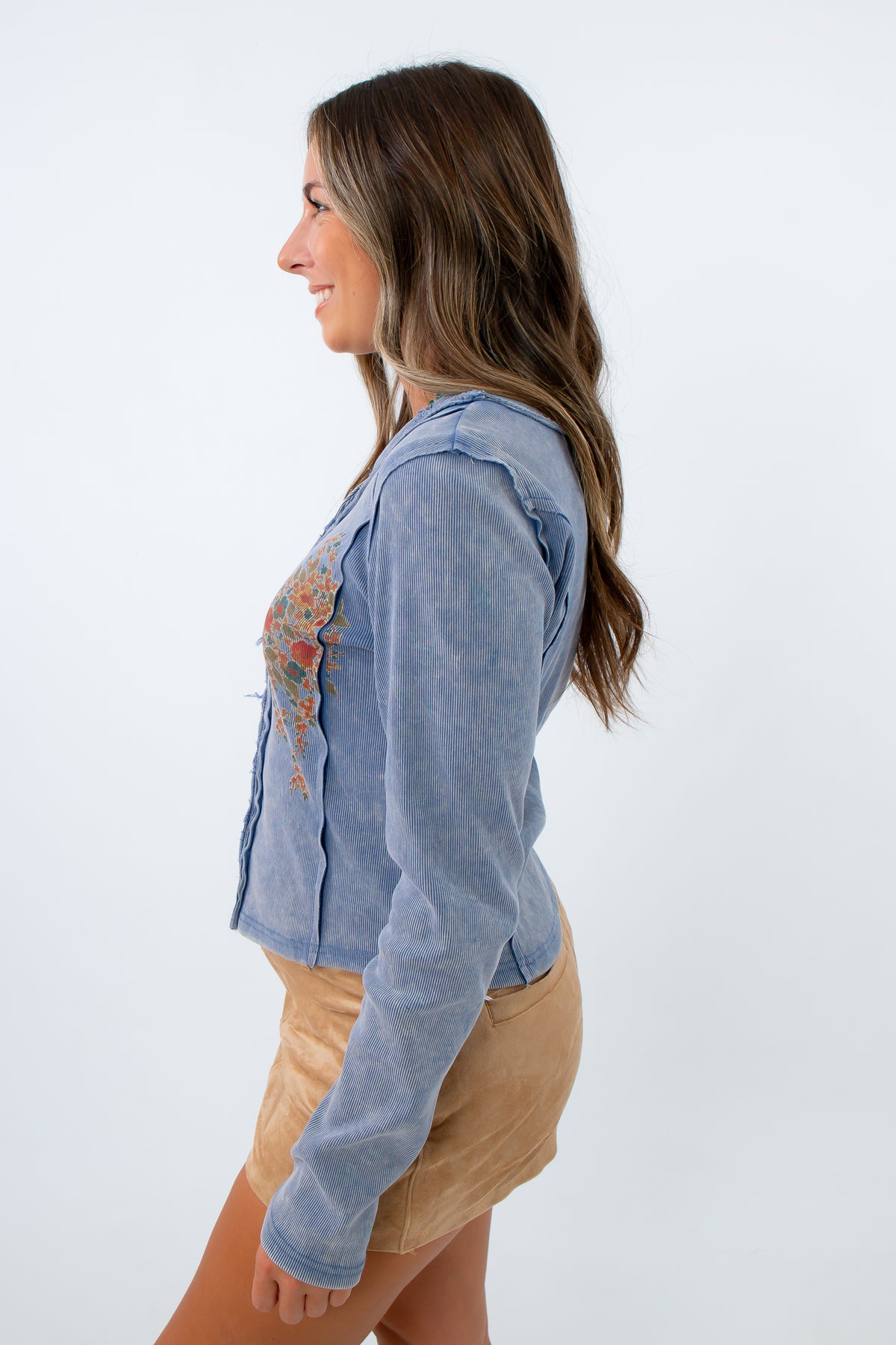 Ribbed long sleeve henley top perfect for casual fall layering, dusty blue long sleeve top, blue ribbed long sleeve top
