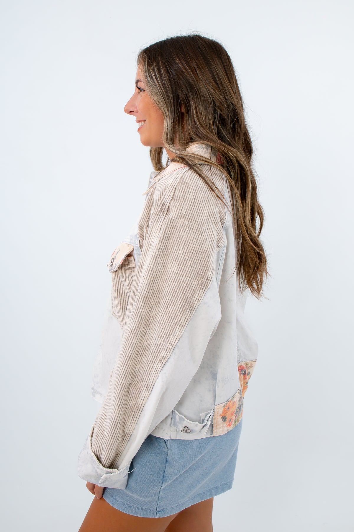 Functional front pockets floral patchwork jacket for fall layering, lightweight jacket with patchwork detailing, denim jacket with corduroy 