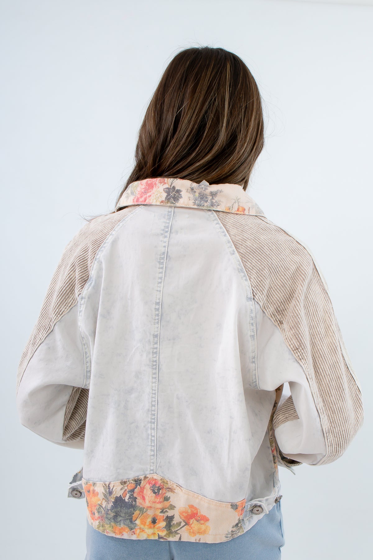 Unique patchwork jacket with floral shaped buttons and front pockets, light blue jacket with flowers and striped patches all over