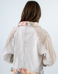 Unique patchwork jacket with floral shaped buttons and front pockets, light blue jacket with flowers and striped patches all over