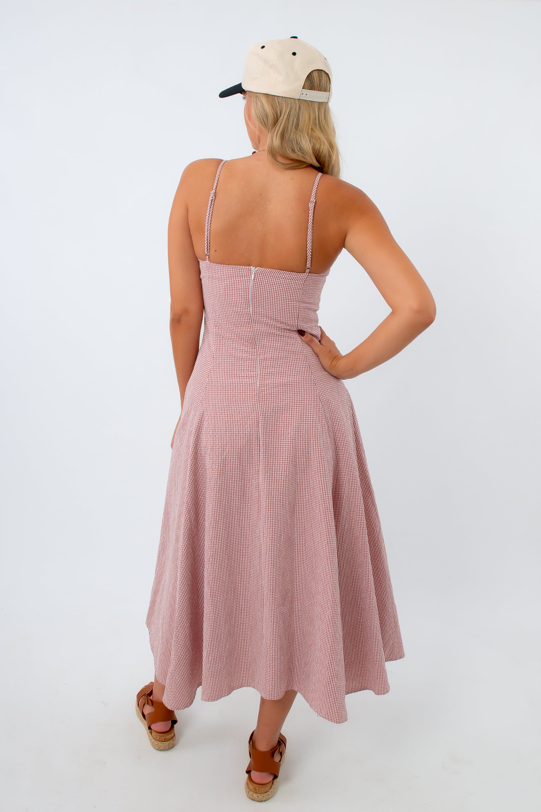 Adjustable strap gingham midi dress for fall, women's fall dresses, gingham dress for game day