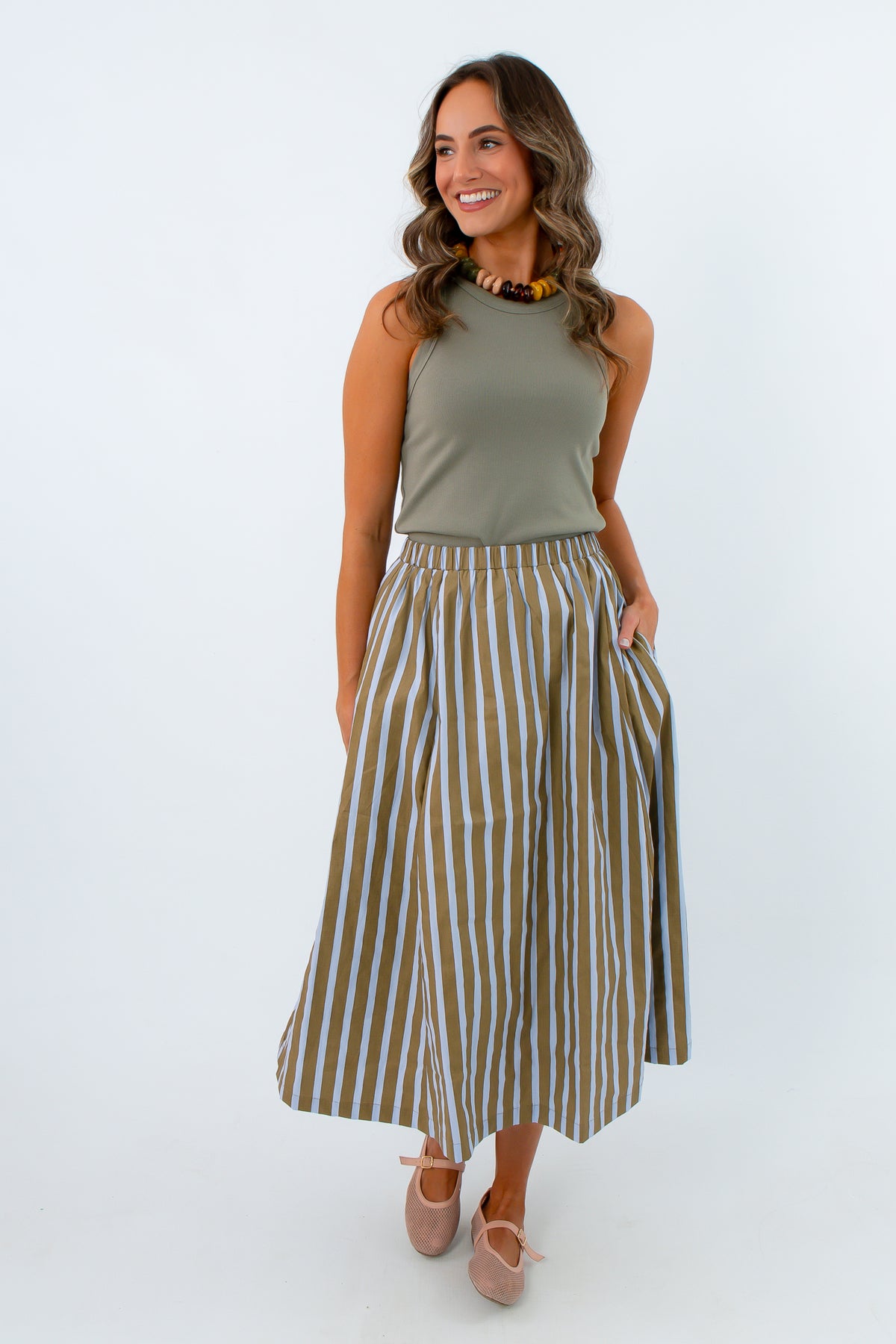 Going Places Olive & Blue Stripe Midi Skirt