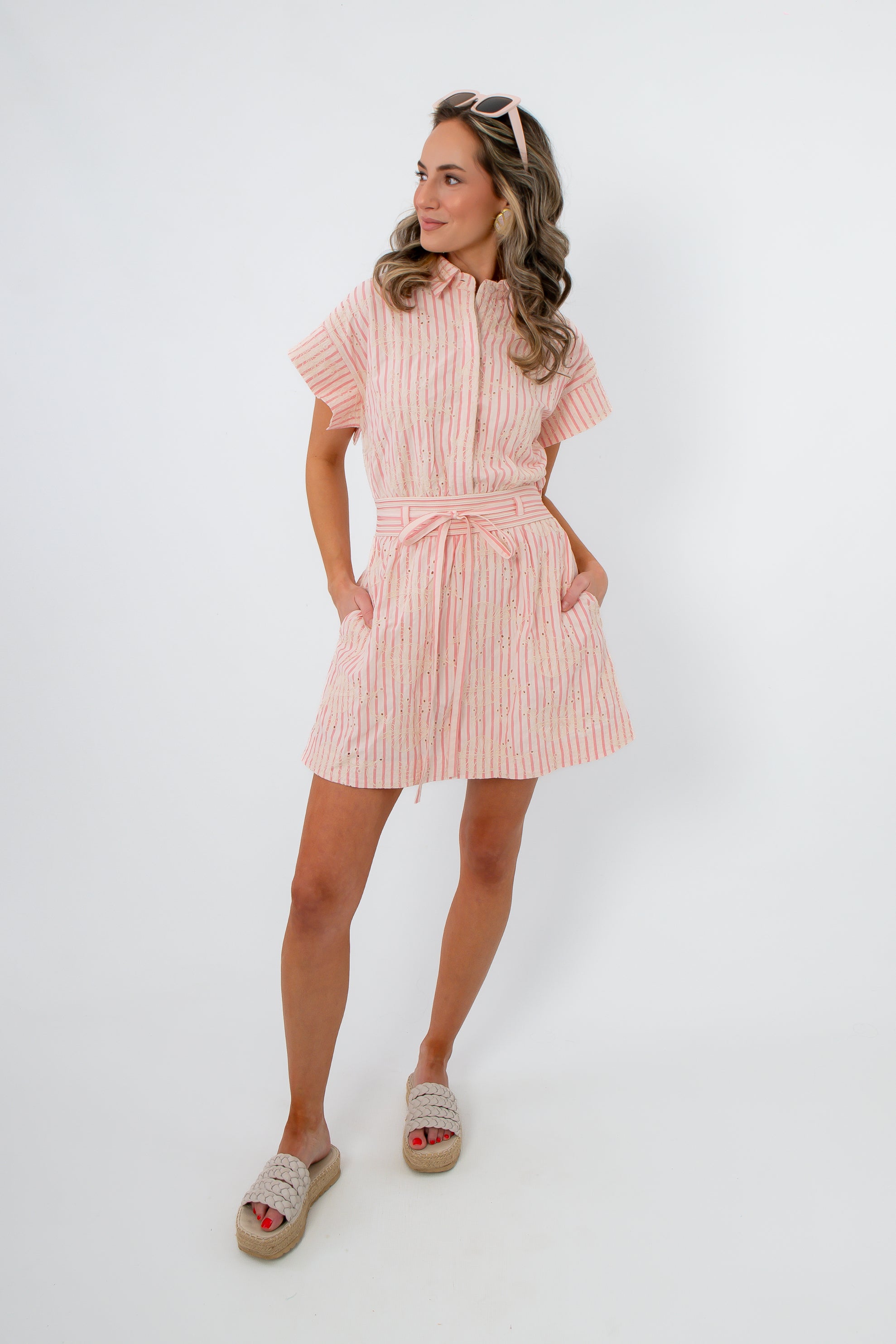 Palm Sunday Embroidered Mini Dress in pink stripes with floral detail