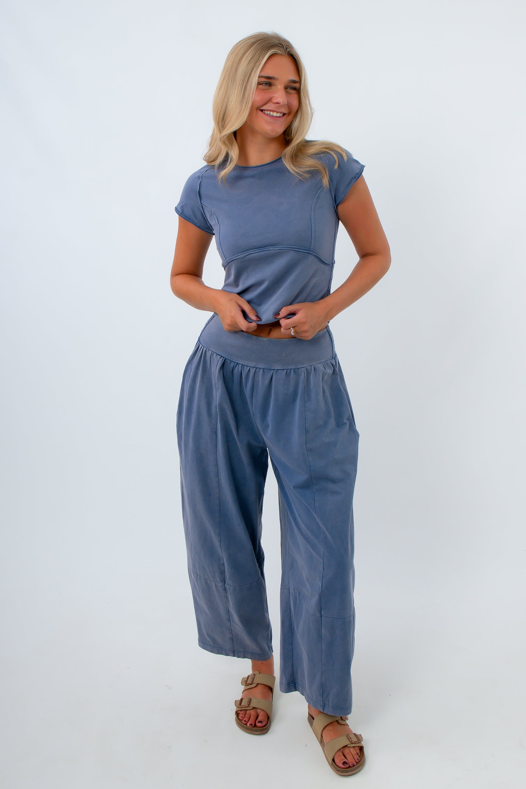 Matching washed denim knit lounge set, comfy loungewear, matching pants set