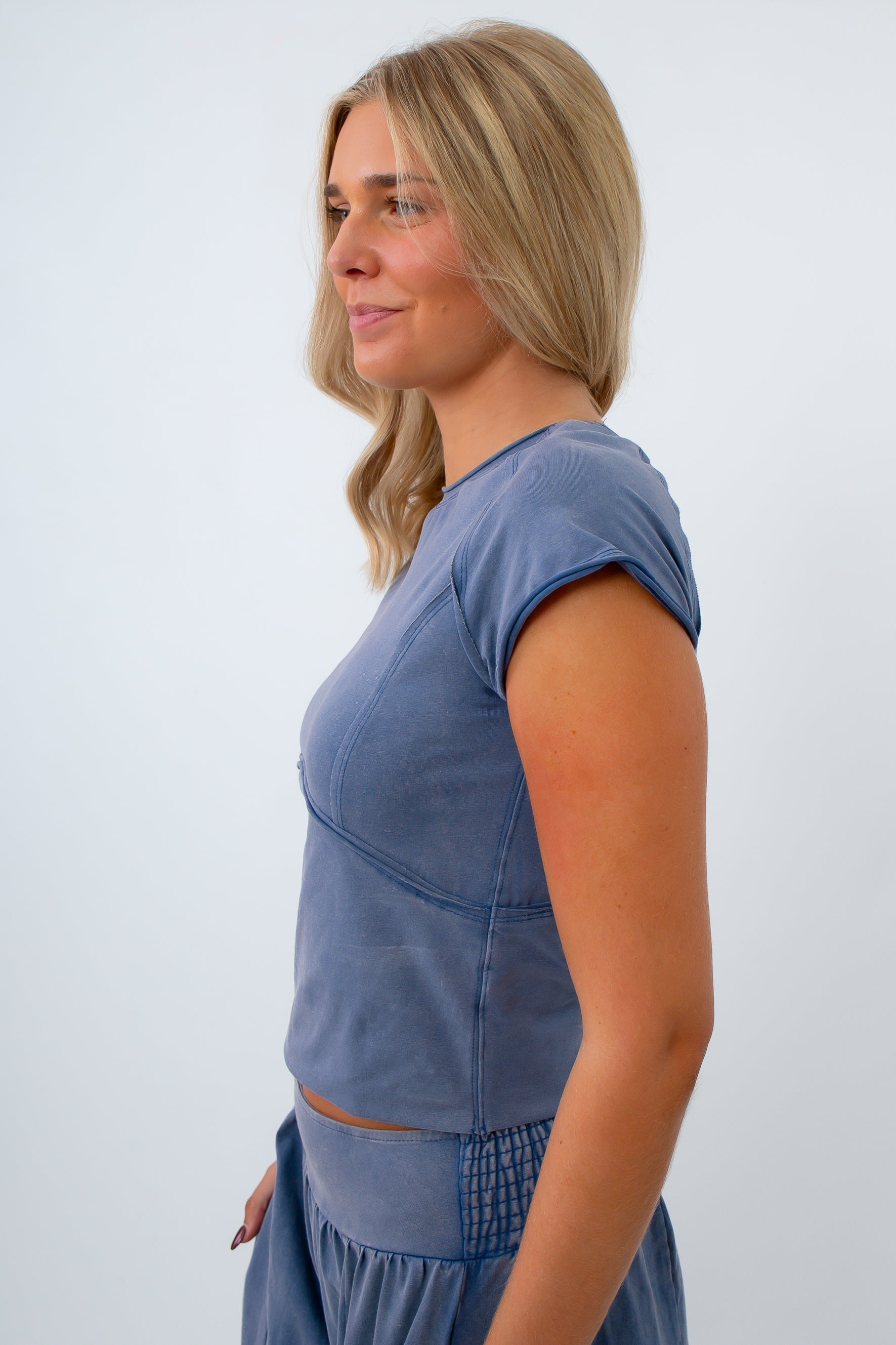 Campus Crush Washed Denim Knit Crop Top, blue crop top, blue lounge top