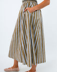 Comfortable 100% cotton skirt perfect for fall layering, long patterned skirts for teacher outfit inspo, blue and green striped midi skirt