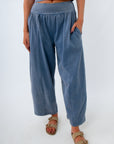 Washed denim barrel silhouette pants, barrel pants, washed denim lounge pants
