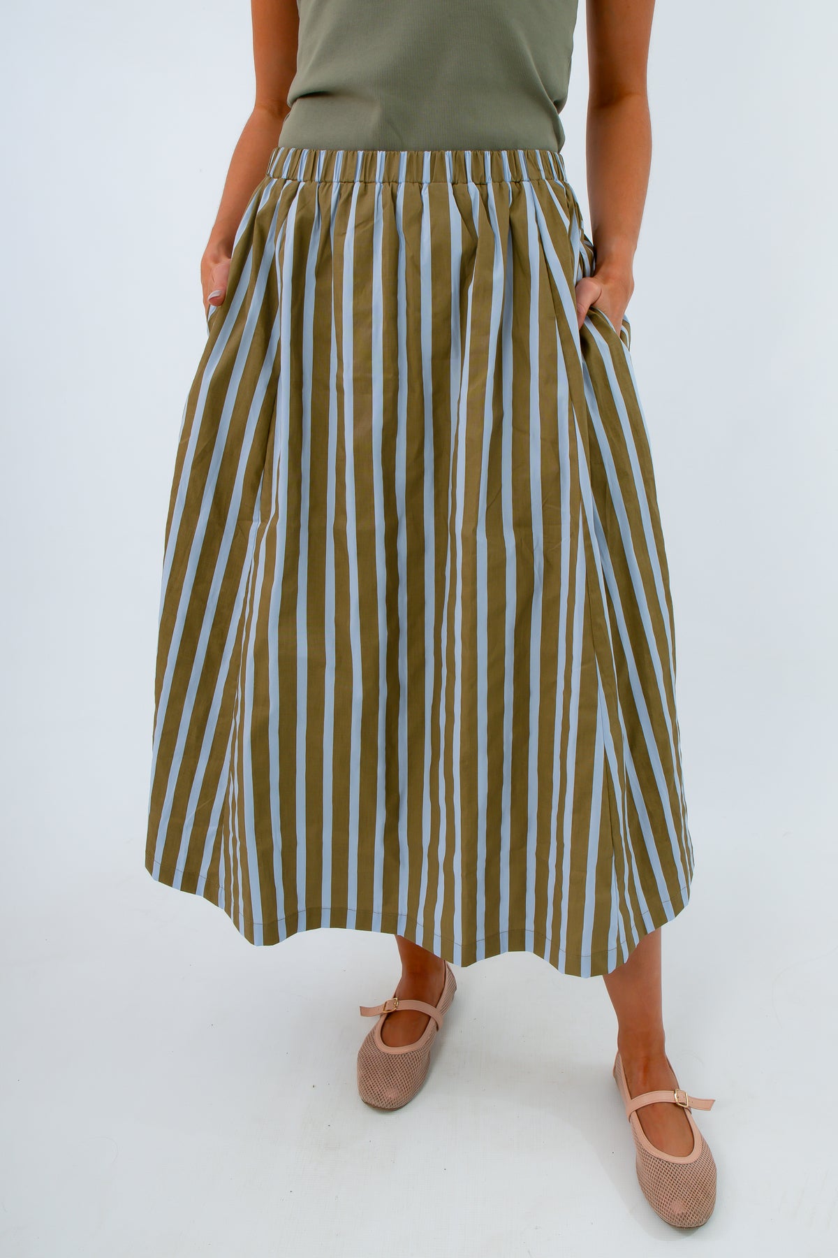 Olive green and blue striped midi skirt with elastic waistband, long striped skirt, colorful striped skirt