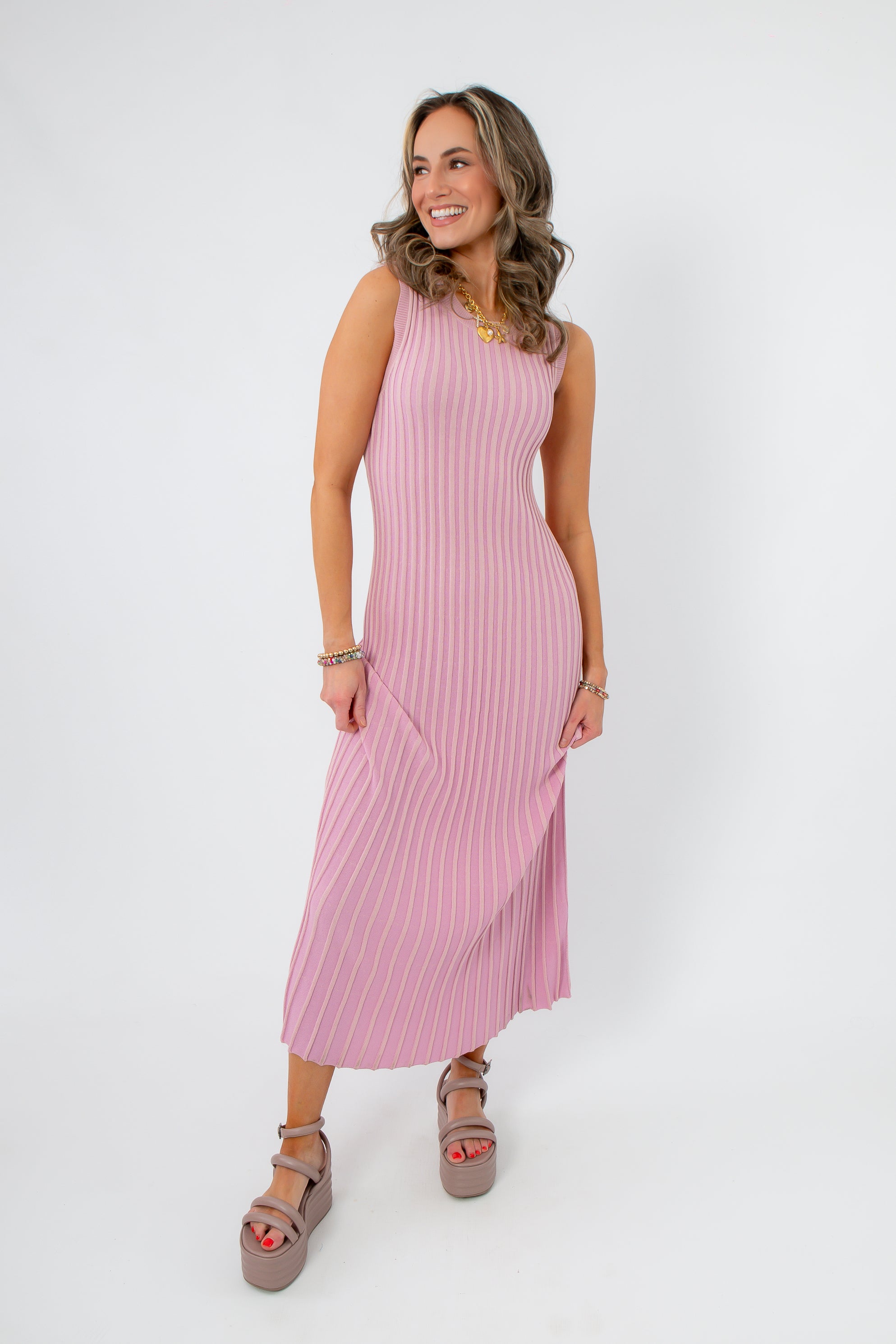 Sophie Peony Pink Rib Knit Midi Dress front view