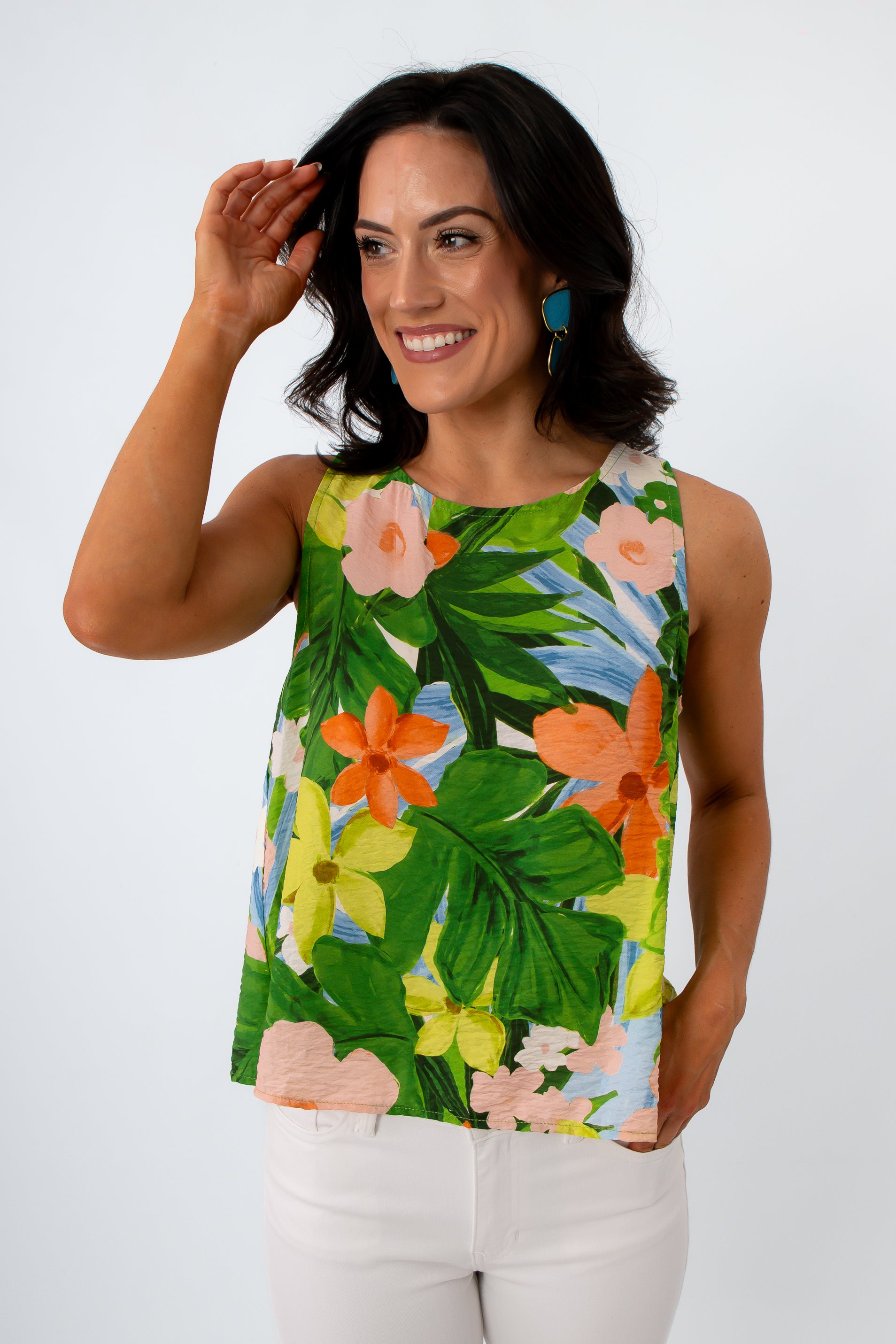 Tropical floral sleeveless blouse with open back for summer vacation