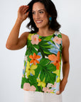 Tropical floral sleeveless blouse with open back for summer vacation