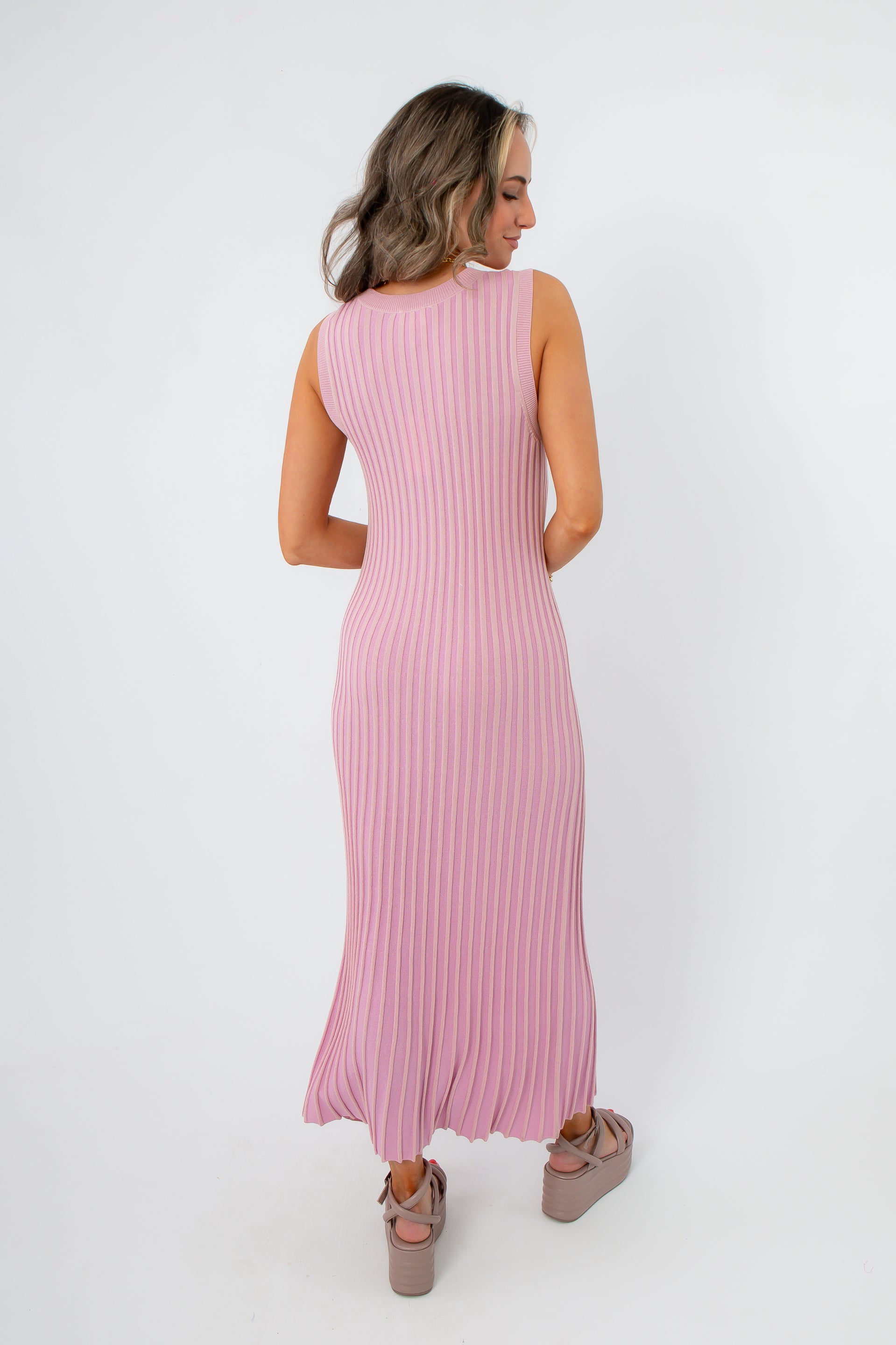 Sophie Peony Pink Rib Knit Midi Dress back view