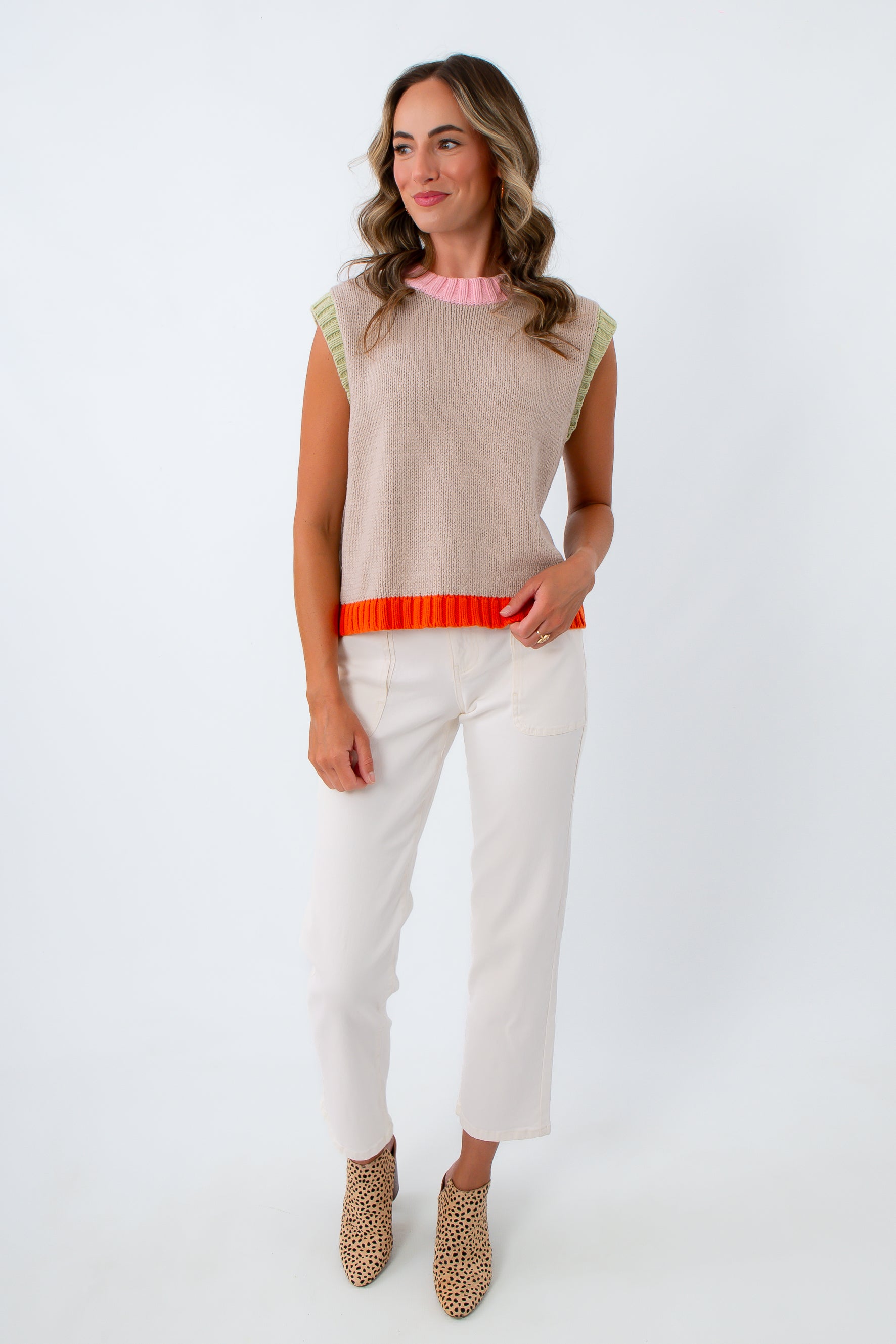 Oatmeal contrast knit sleeveless sweater with colorful trim