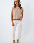 Oatmeal contrast knit sleeveless sweater with colorful trim