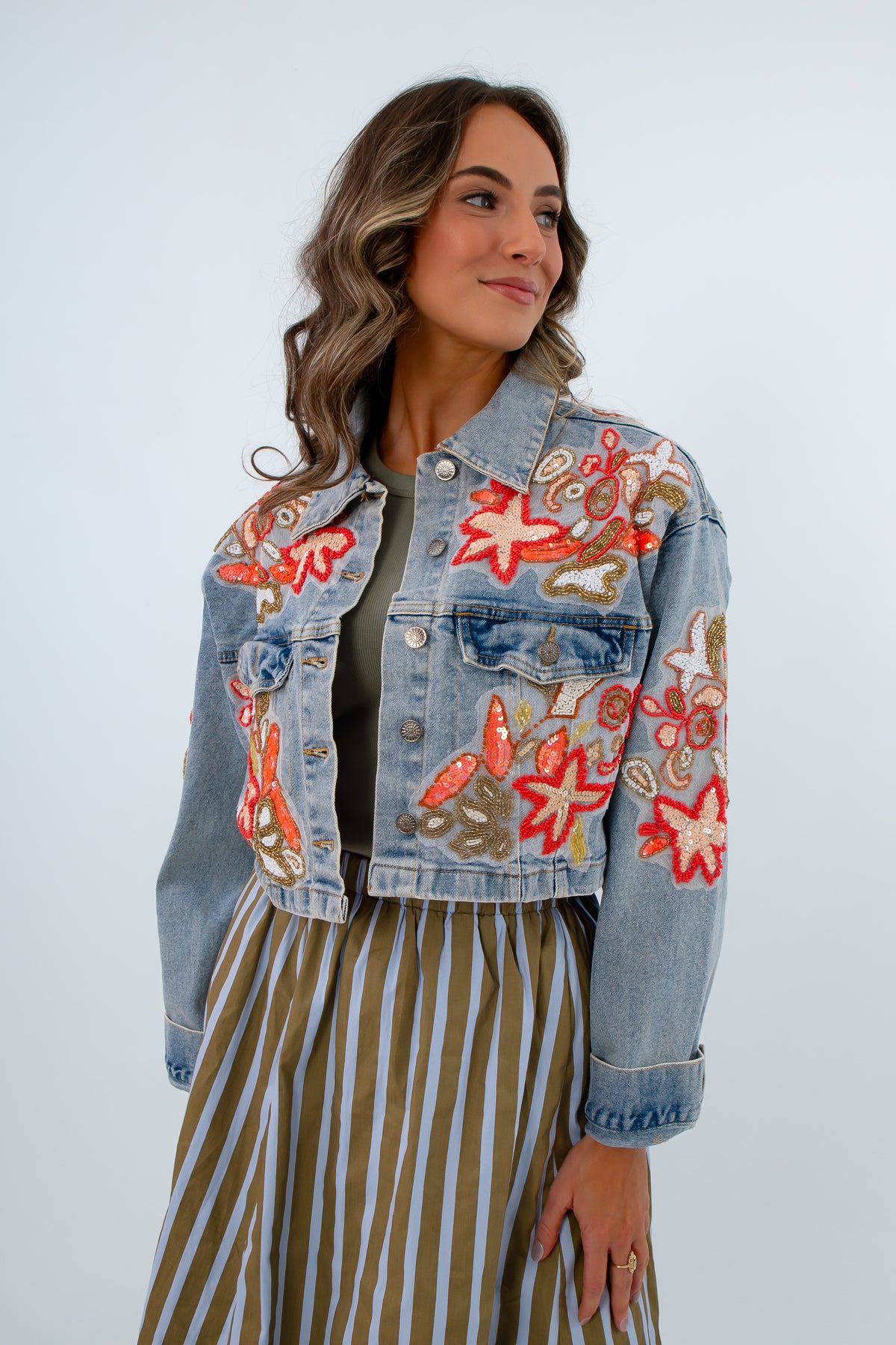 Cropped lightwash denim jacket, colorful beaded denim jacket, colorful jacket for fall